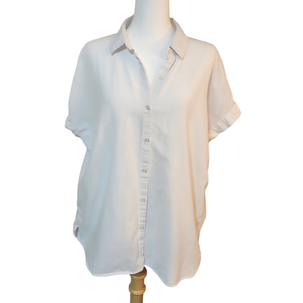 Core Life, Cotton/Linen White Button-Front Blouse